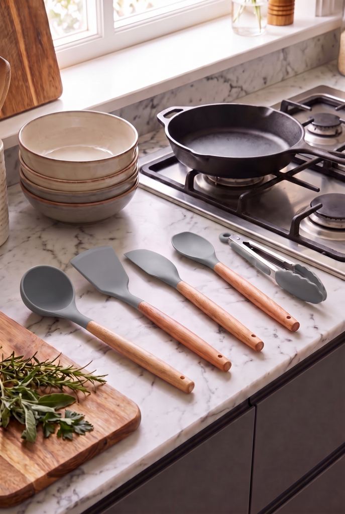 Bambu Saplı Gri Silikon Servis Seti 5 Parça | Yanmaz Yapışmaz Silikon Mutfak Gereçleri | Kepçe, Spatula, Kaşık ve Kilitli Mutfak Maşası
