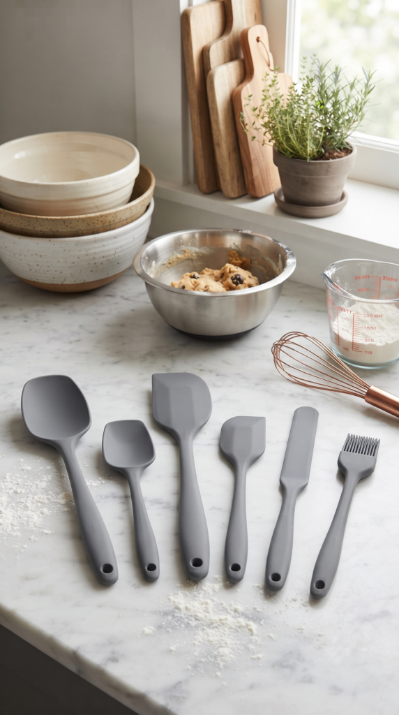 6'lı Gri Silikon Spatula Seti | Isıya Dayanıklı Pasta Kek Hamur Kazıyıcı ve Silikon Fırça Seti | Yapışmaz Tencere Tava Uyumlu Mutfak Gereçleri