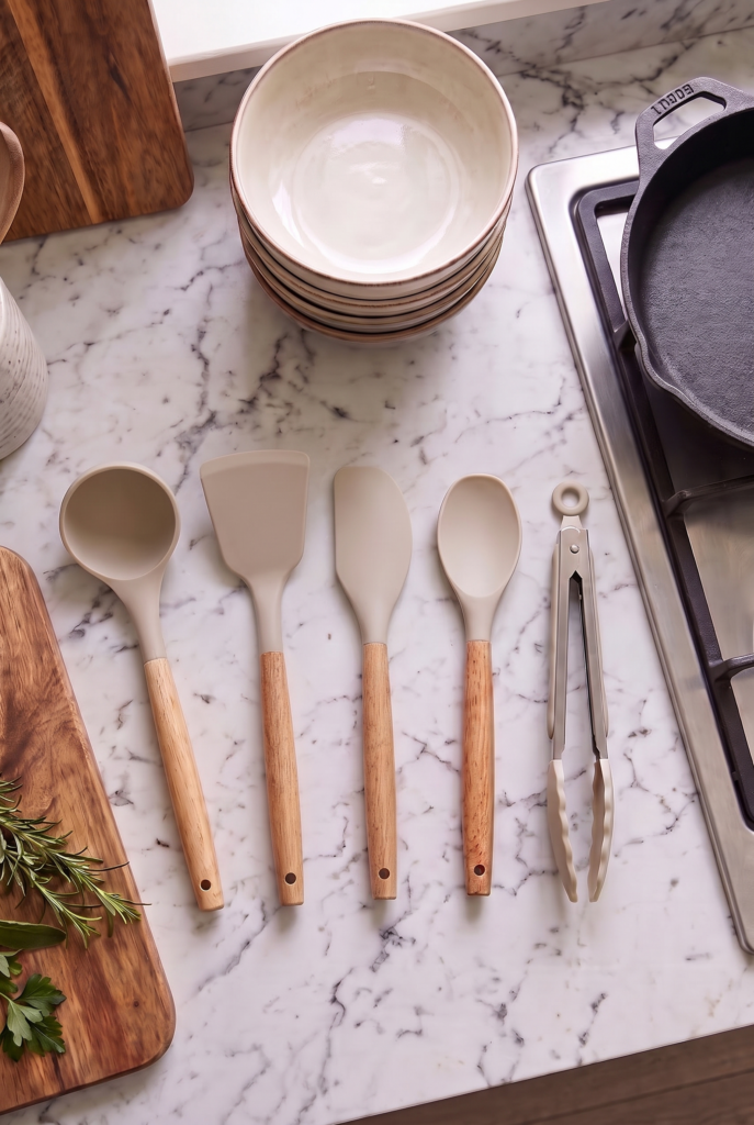 Bambu Saplı Silikon Servis Seti 5 Parça Açık Gri | Yanmaz Yapışmaz Silikon Mutfak Gereçleri | Kepçe, Spatula, Kaşık ve Kilitli Mutfak Maşası