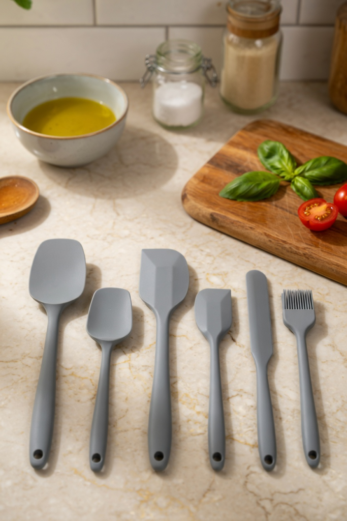 6'lı Gri Silikon Spatula Seti | Isıya Dayanıklı Pasta Kek Hamur Kazıyıcı ve Silikon Fırça Seti | Yapışmaz Tencere Tava Uyumlu Mutfak Gereçleri