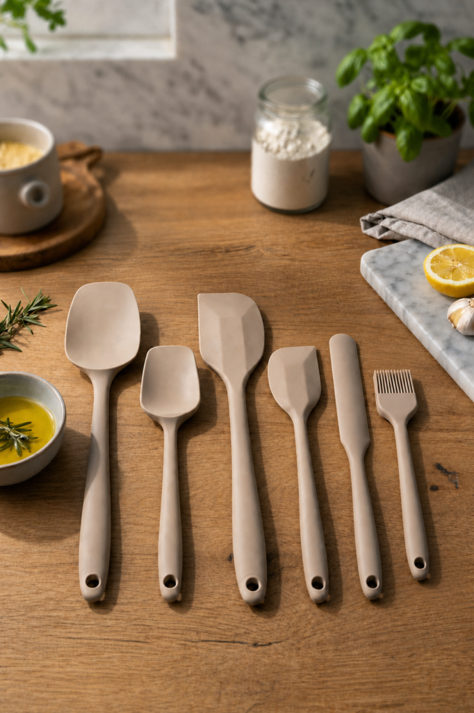 6'lı Bej Silikon Spatula Seti | Isıya Dayanıklı Silikon Mutfak Gereçleri | Hamur Kazıyıcı, Pasta Spatulası, Silikon Fırça | Yapışmaz Tencere ve Tava Uyumlu
