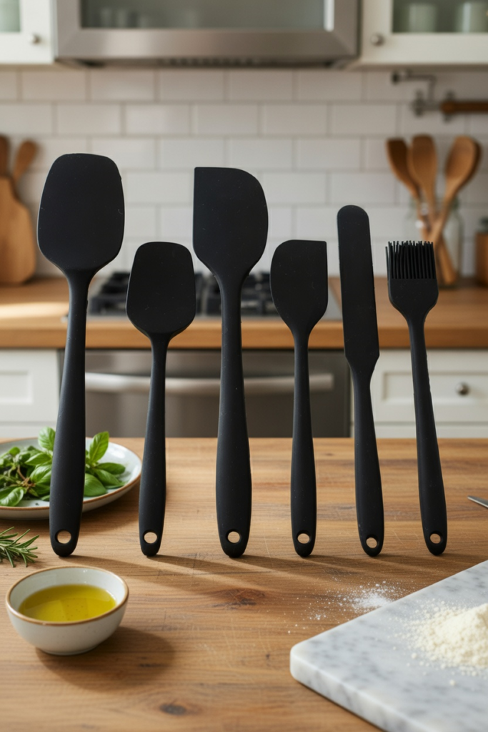6'lı Siyah Silikon Spatula Seti | Isıya Dayanıklı Pasta Kek Hamur Kazıyıcı ve Fırça Seti | Yapışmaz Tencere Tava Uyumlu Mutfak Gereçleri