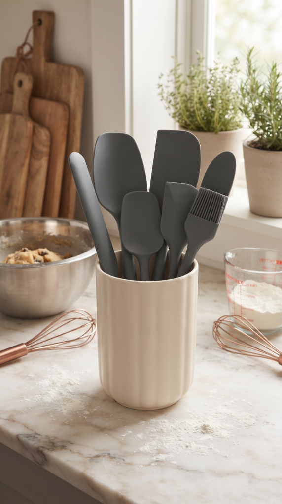 6'lı Gri Silikon Spatula Seti | Isıya Dayanıklı Pasta Kek Hamur Kazıyıcı ve Silikon Fırça Seti | Yapışmaz Tencere Tava Uyumlu Mutfak Gereçleri