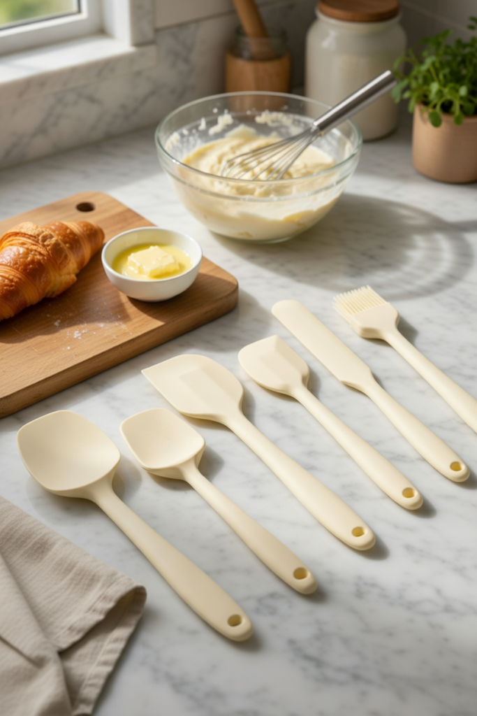 6'lı Beyaz Silikon Spatula Seti | Isıya Dayanıklı Silikon Mutfak Gereçleri | Hamur Kazıyıcı, Pasta Spatulası ve Silikon Fırça | Yapışmaz Tencere Tava Uyumlu