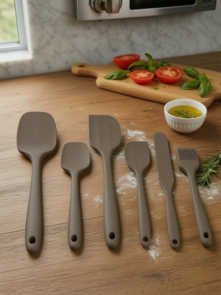 6'lı Kahverengi Silikon Spatula Seti | Isıya Dayanıklı Pasta Kek Hamur Kazıyıcı ve Silikon Fırça Seti | Yapışmaz Tencere Tava Uyumlu Mutfak Gereçleri