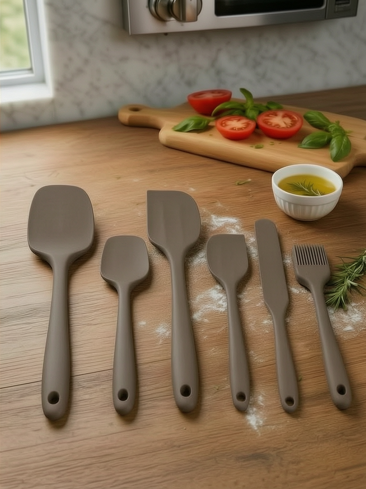 6'lı Kahverengi Silikon Spatula Seti | Isıya Dayanıklı Pasta Kek Hamur Kazıyıcı ve Silikon Fırça Seti | Yapışmaz Tencere Tava Uyumlu Mutfak Gereçleri