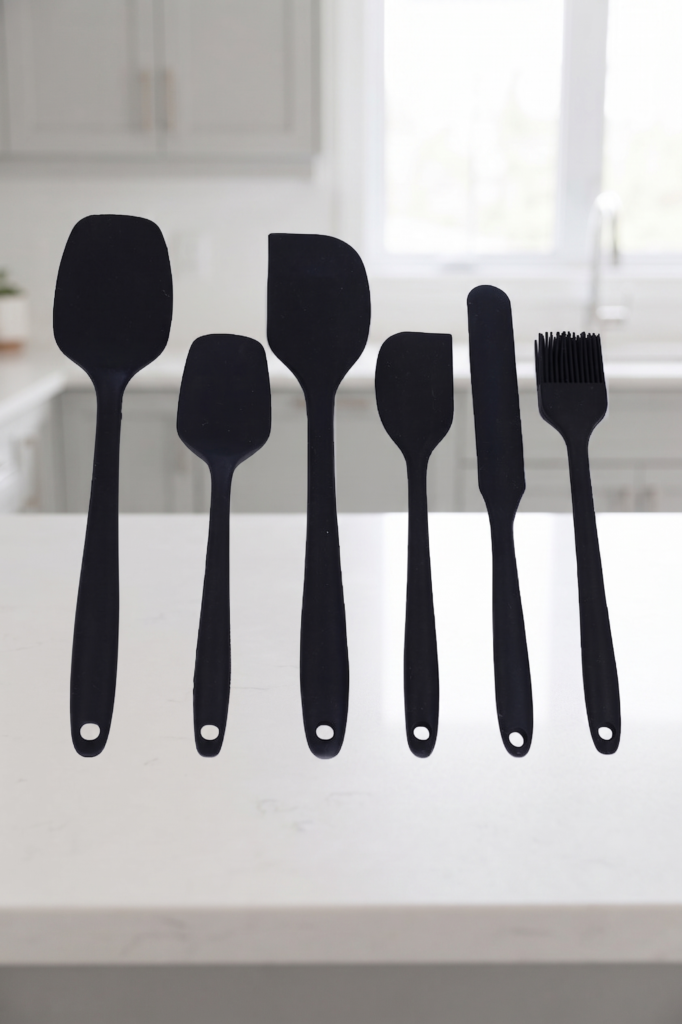 6'lı Siyah Silikon Spatula Seti | Isıya Dayanıklı Pasta Kek Hamur Kazıyıcı ve Fırça Seti | Yapışmaz Tencere Tava Uyumlu Mutfak Gereçleri