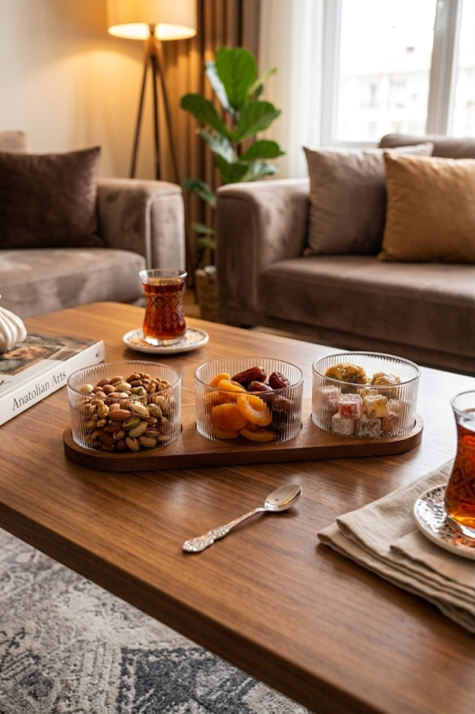 Akasya Ahşap Standlı Çizgili Cam Kase 3'lü İkramlık Ve Çerezlik Seti