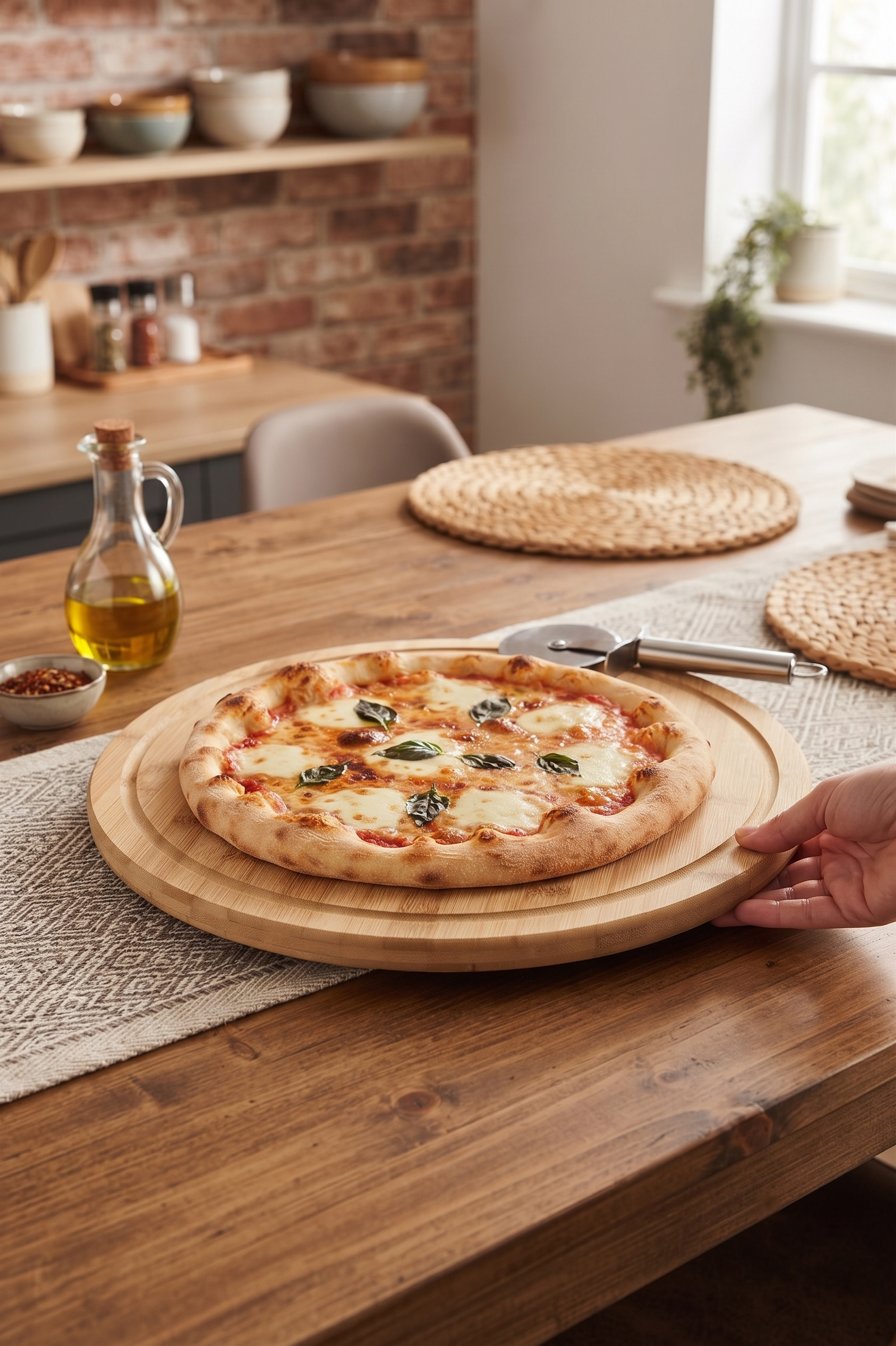 Bambu Döner Sunumluk 33x33 cm Pizza Standı Ahşap Döner Servis Tepsisi Oluklu Kenarlı Kahvaltılık Pasta Peynir Sunum Tabağı