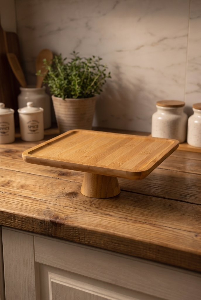 Ayaklı Kare Bambu Sunumluk 25x25 cm Dekoratif Sunum Standı Pasta Standı Kahvaltılık Meyvelik Servis Tabağı