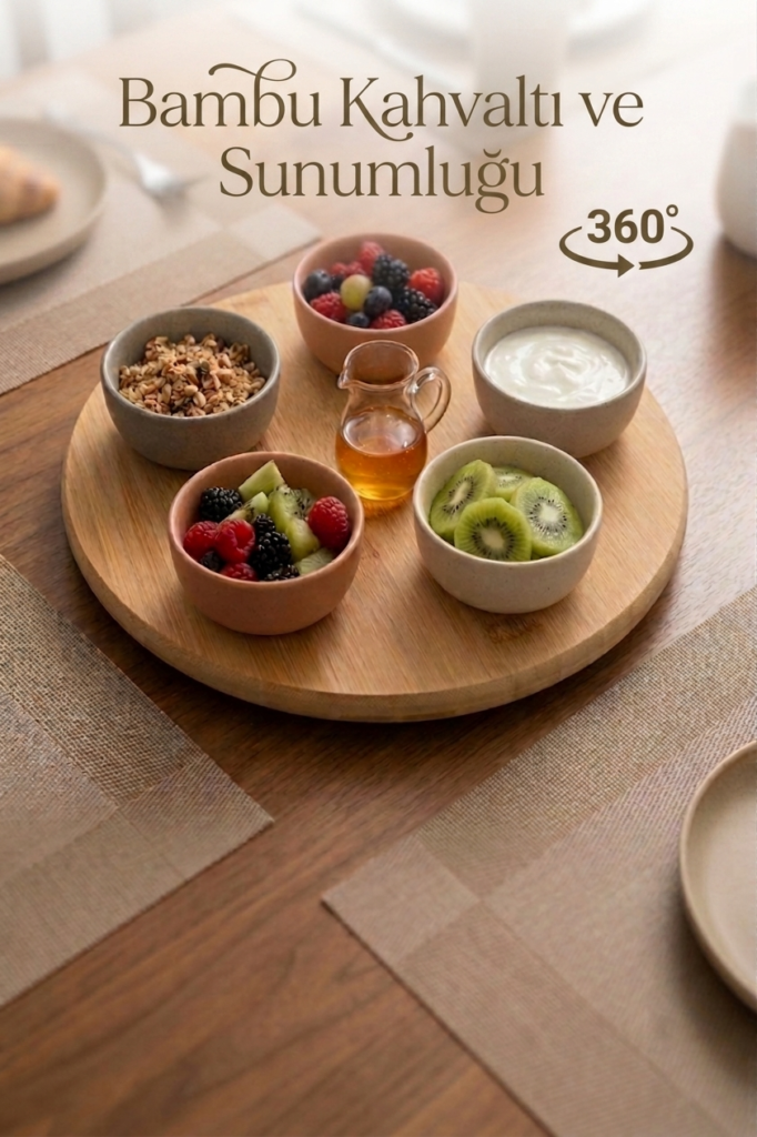360 Derece Dönebilen Bambu Sunumluk Ve Kahvaltı Tablası Döner Tabla 30 cm
