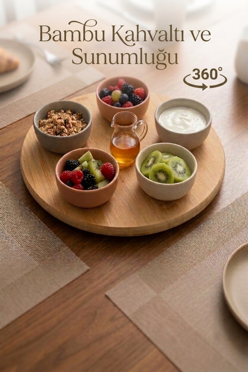 360 Derece Dönebilen Bambu Sunumluk Ve Kahvaltı Tablası Döner Tabla 30 cm