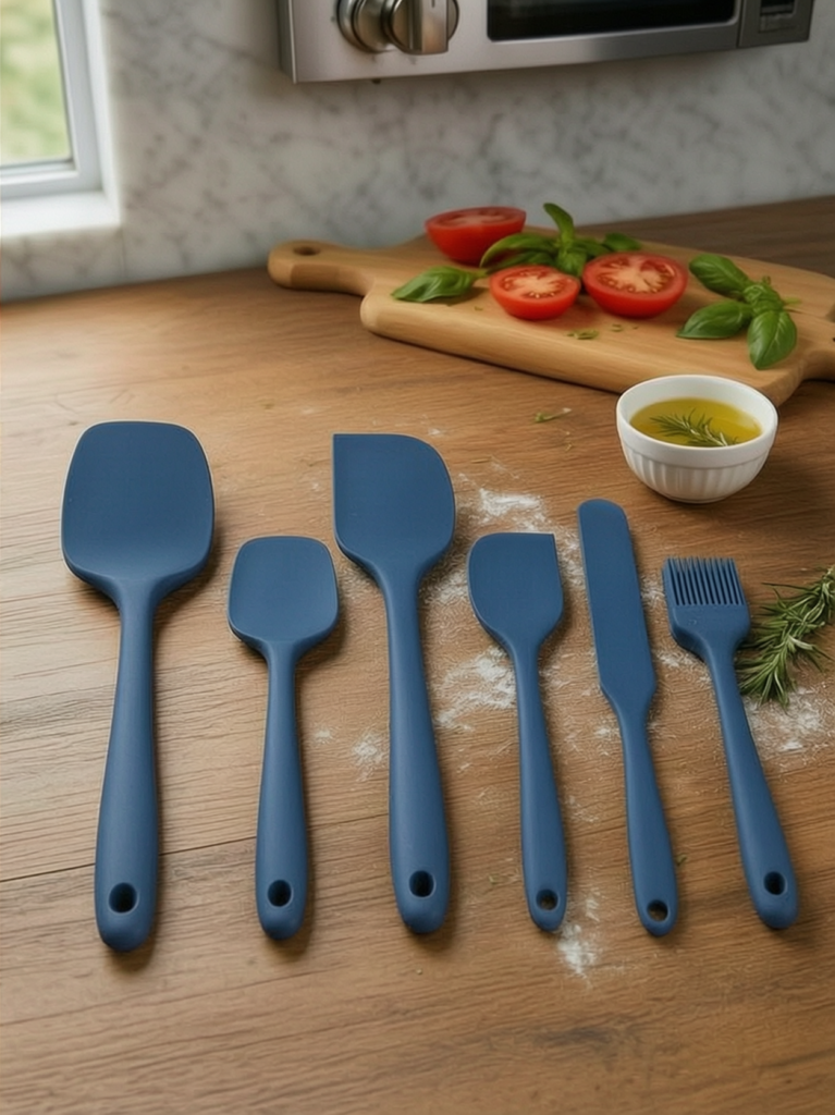 6'lı Mavi Silikon Spatula Seti | Isıya Dayanıklı Pasta Kek Hamur Kazıyıcı ve Silikon Fırça Seti | Yapışmaz Tencere Tava Uyumlu Mutfak Gereçleri