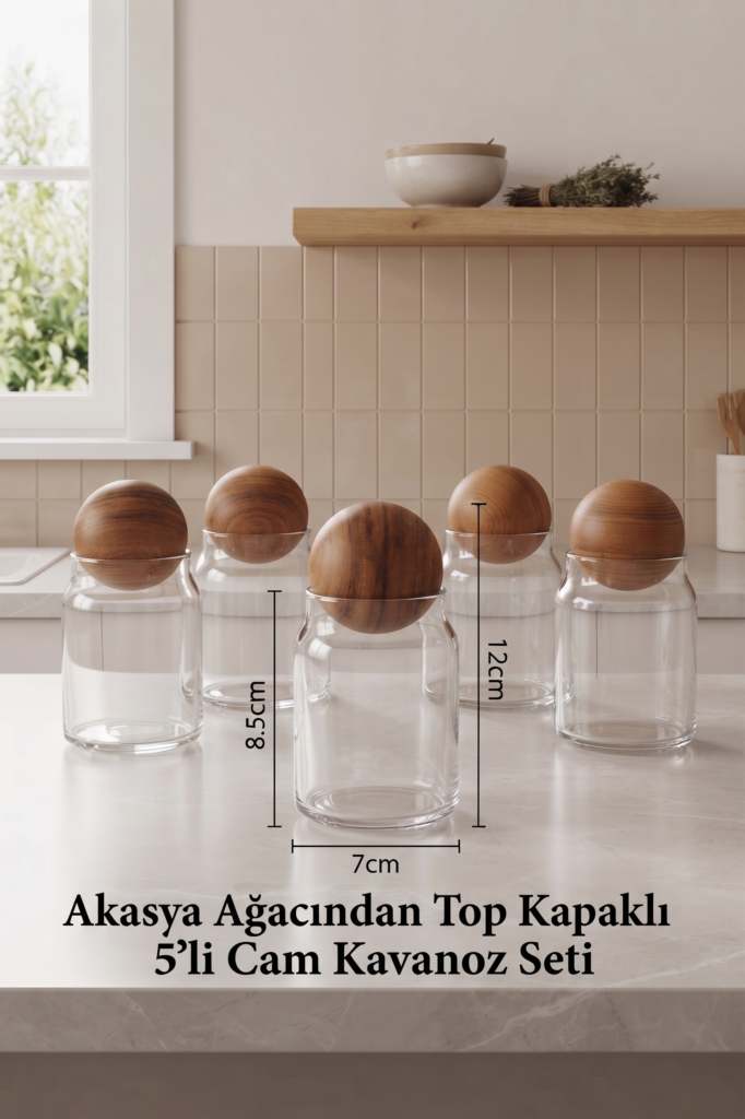 5'li Cam Kavanoz Seti Akasya Ahşap Top Kapaklı Saklama Kabı | Baharatlık | Kahvaltılık | Dekoratif Mutfak Kavanozu 12 cm